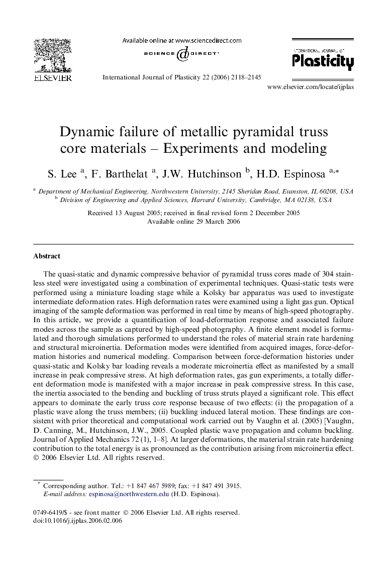 Dynamic failure of metallic pyramidal truss core materials – Experiments and modeling