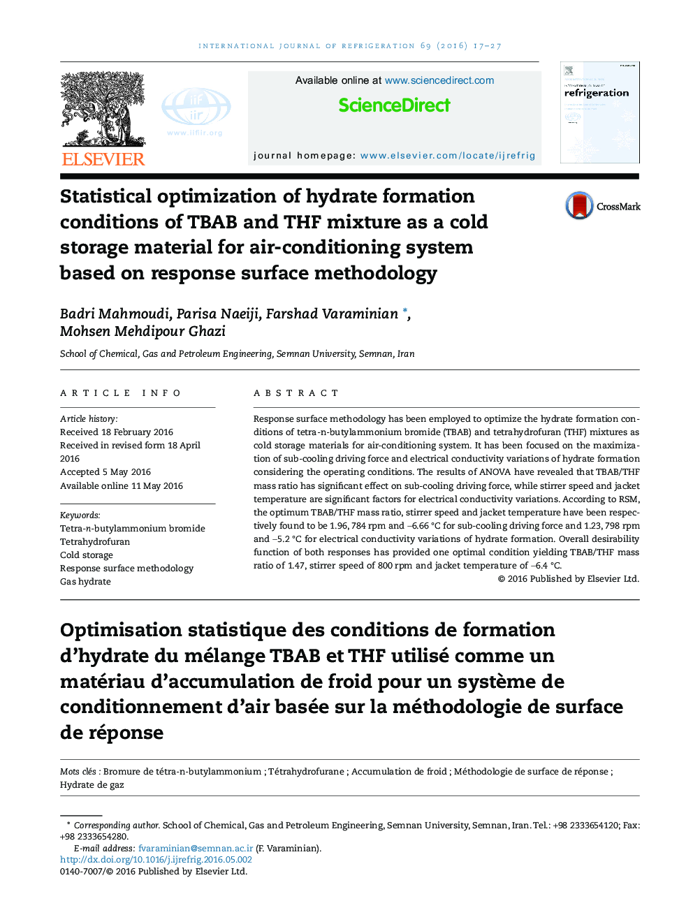 Statistical optimization of hydrate formation conditions of TBAB and THF mixture as a cold storage material for air-conditioning system based on response surface methodology