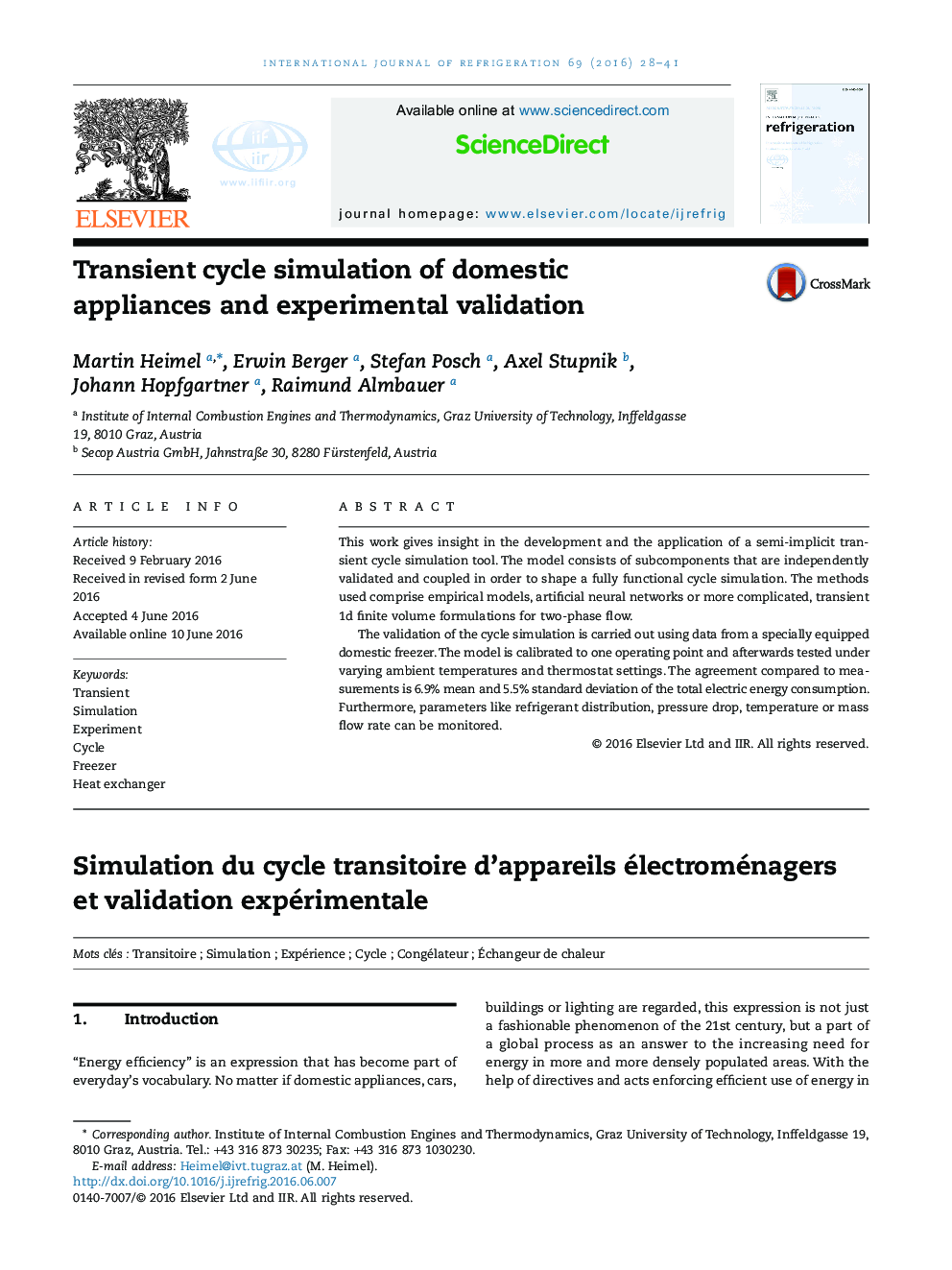 Transient cycle simulation of domestic appliances and experimental validation