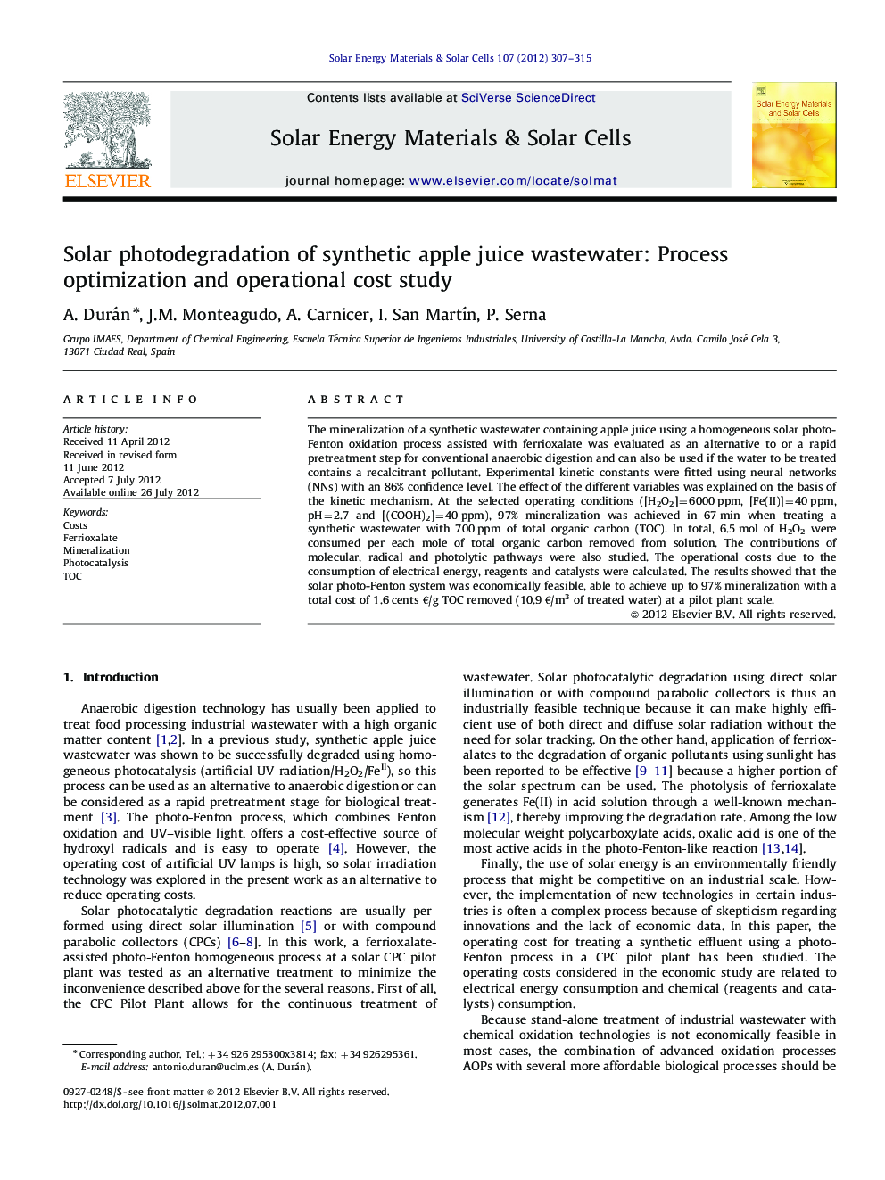 Solar photodegradation of synthetic apple juice wastewater: Process optimization and operational cost study