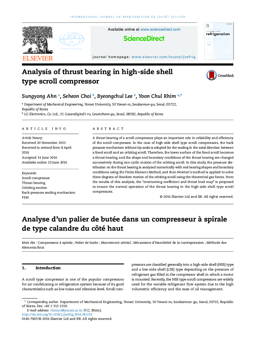 Analysis of thrust bearing in high-side shell type scroll compressor