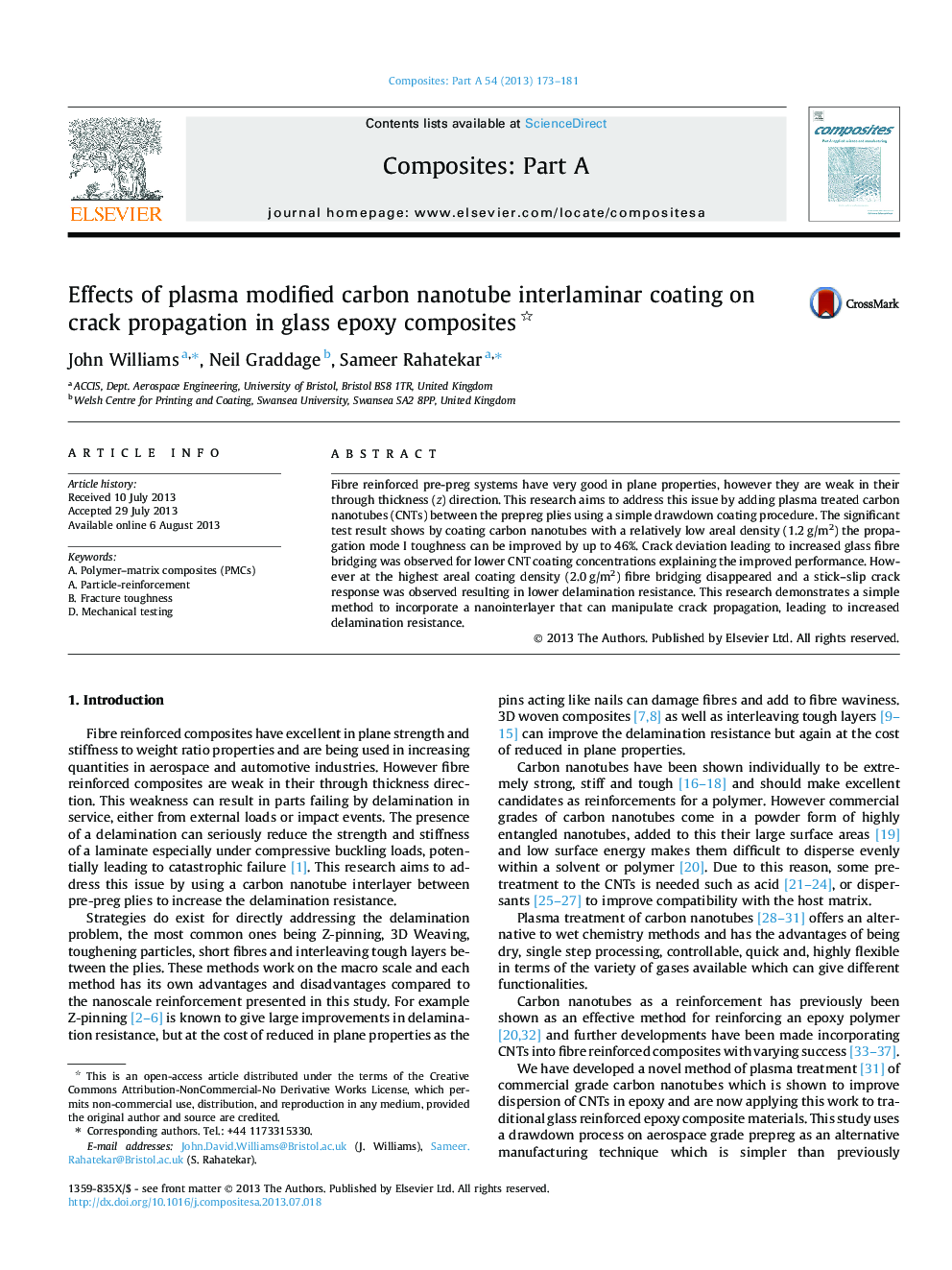 Effects of plasma modified carbon nanotube interlaminar coating on crack propagation in glass epoxy composites