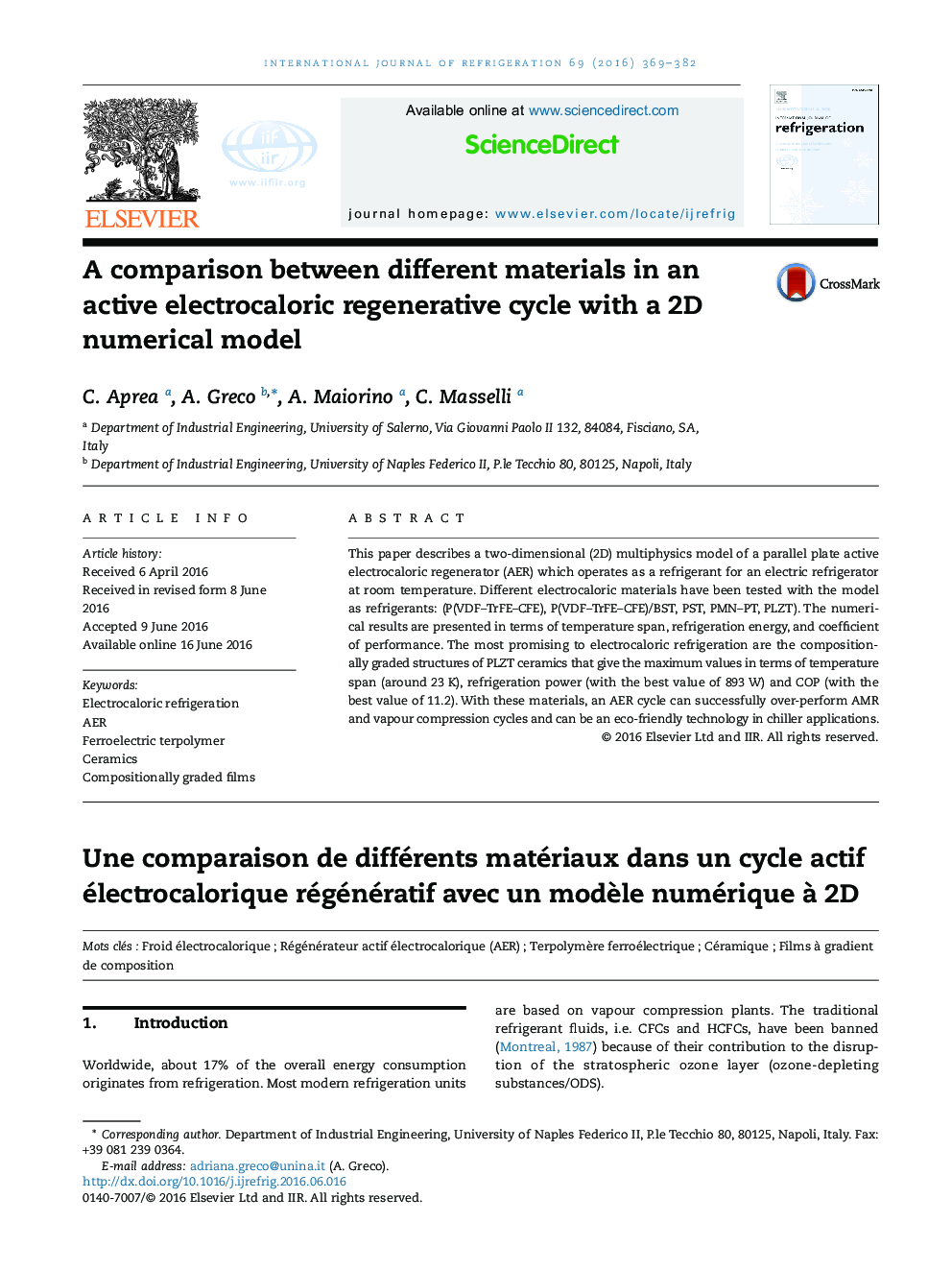 عکس صفحه اول مقاله: A comparison between different materials in an active electrocaloric regenerative cycle with a 2D numerical model A comparison between different materials in an active electrocaloric regenerative cycle with a 2D numerical model