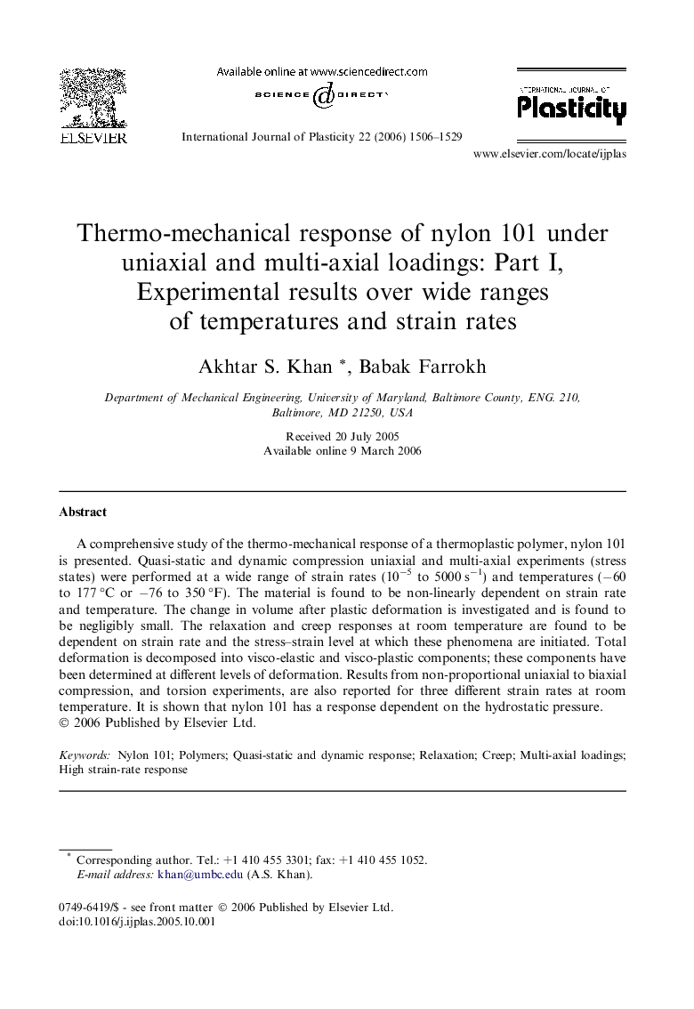 Thermo-mechanical response of nylon 101 under uniaxial and multi-axial loadings: Part I, Experimental results over wide ranges of temperatures and strain rates