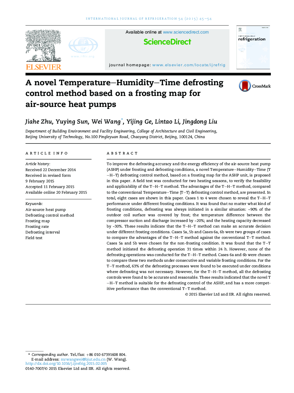 A novel Temperature–Humidity–Time defrosting control method based on a frosting map for air-source heat pumps