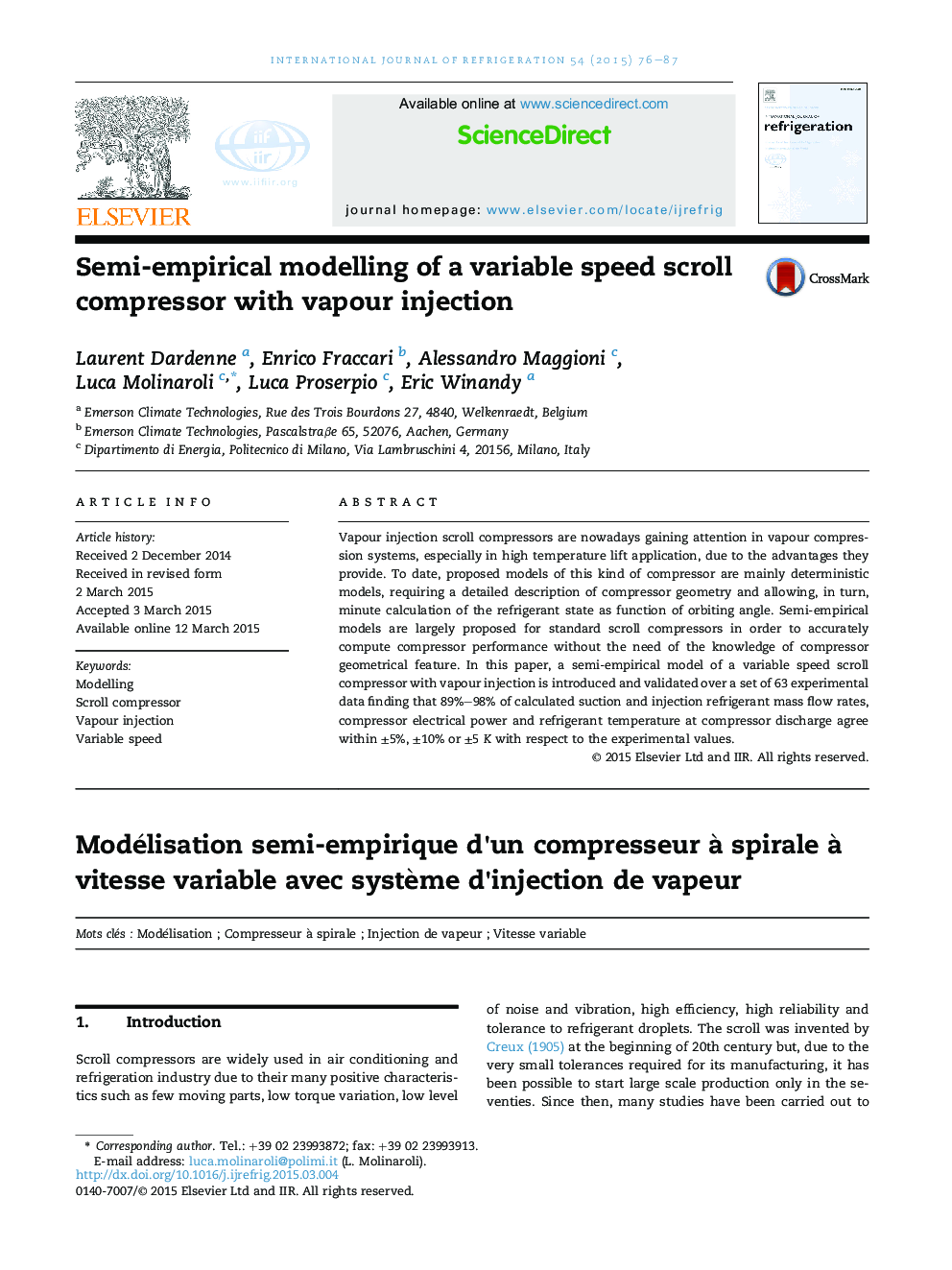 Semi-empirical modelling of a variable speed scroll compressor with vapour injection