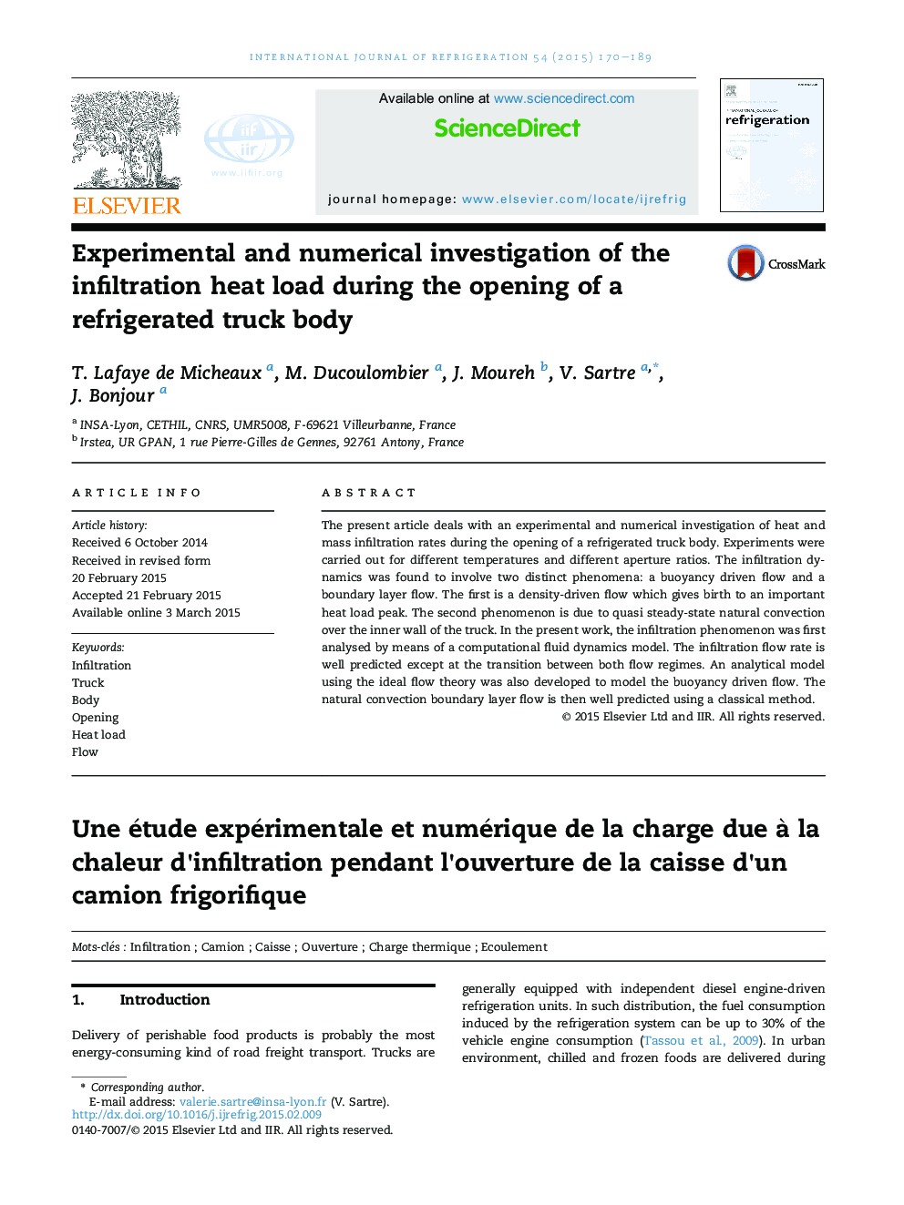 Experimental and numerical investigation of the infiltration heat load during the opening of a refrigerated truck body