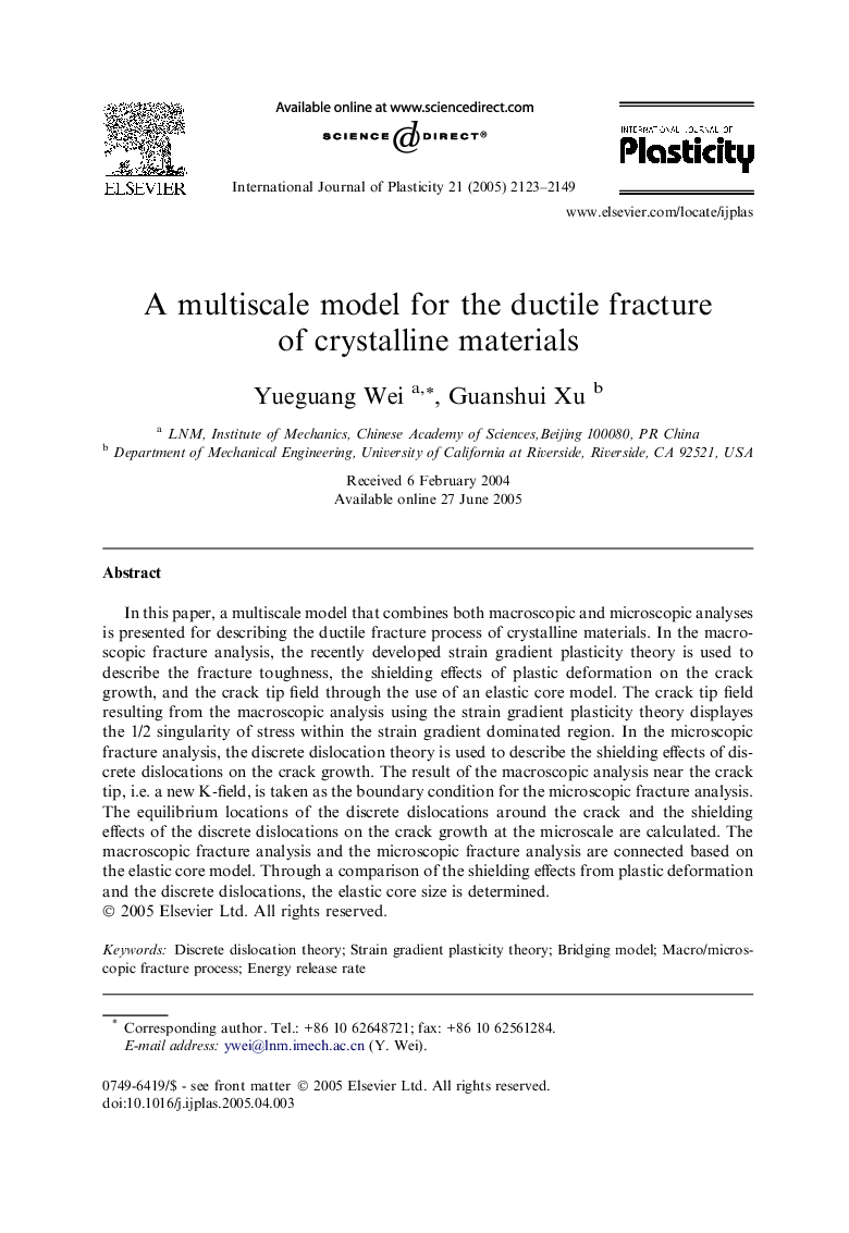 A multiscale model for the ductile fracture of crystalline materials