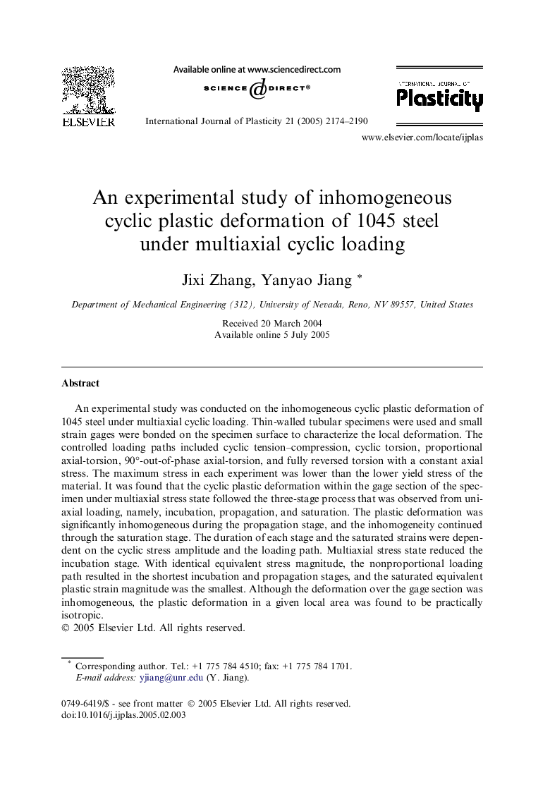 An experimental study of inhomogeneous cyclic plastic deformation of 1045 steel under multiaxial cyclic loading