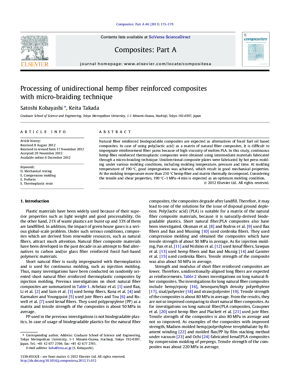 Processing of unidirectional hemp fiber reinforced composites with micro-braiding technique