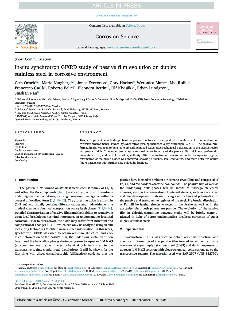 In-situ synchrotron GIXRD study of passive film evolution on duplex stainless steel in corrosive environment