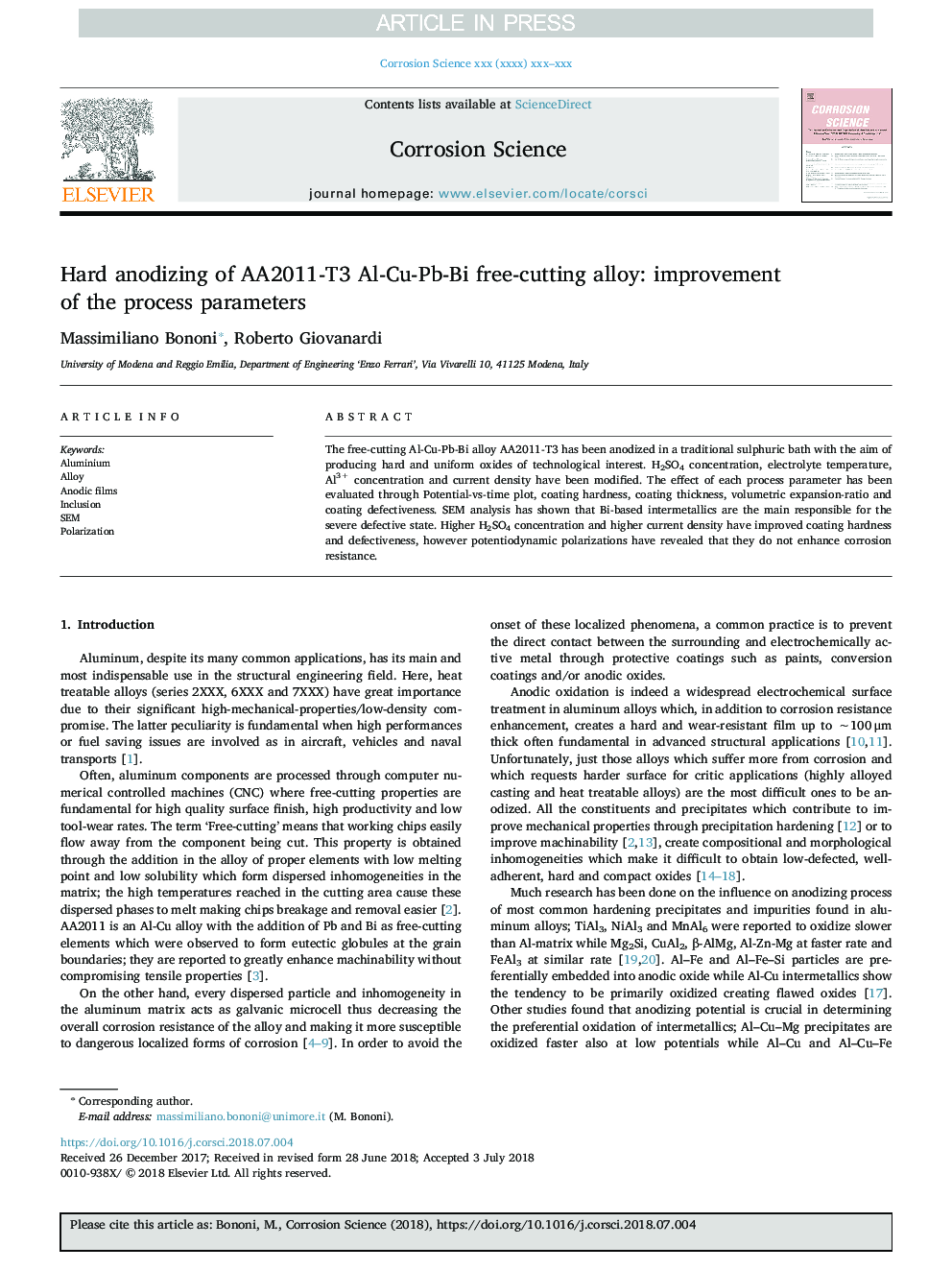 Hard anodizing of AA2011-T3 Al-Cu-Pb-Bi free-cutting alloy: improvement of the process parameters