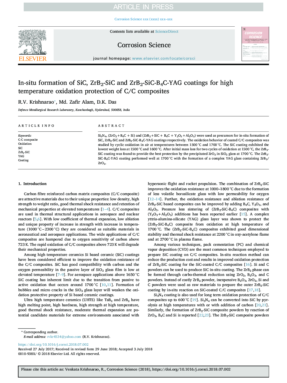 In-situ formation of SiC, ZrB2-SiC and ZrB2-SiC-B4C-YAG coatings for high temperature oxidation protection of C/C composites