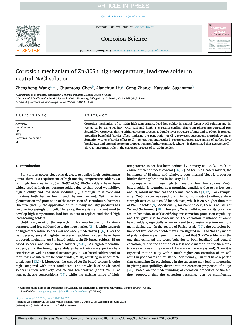 Corrosion mechanism of Zn-30Sn high-temperature, lead-free solder in neutral NaCl solution