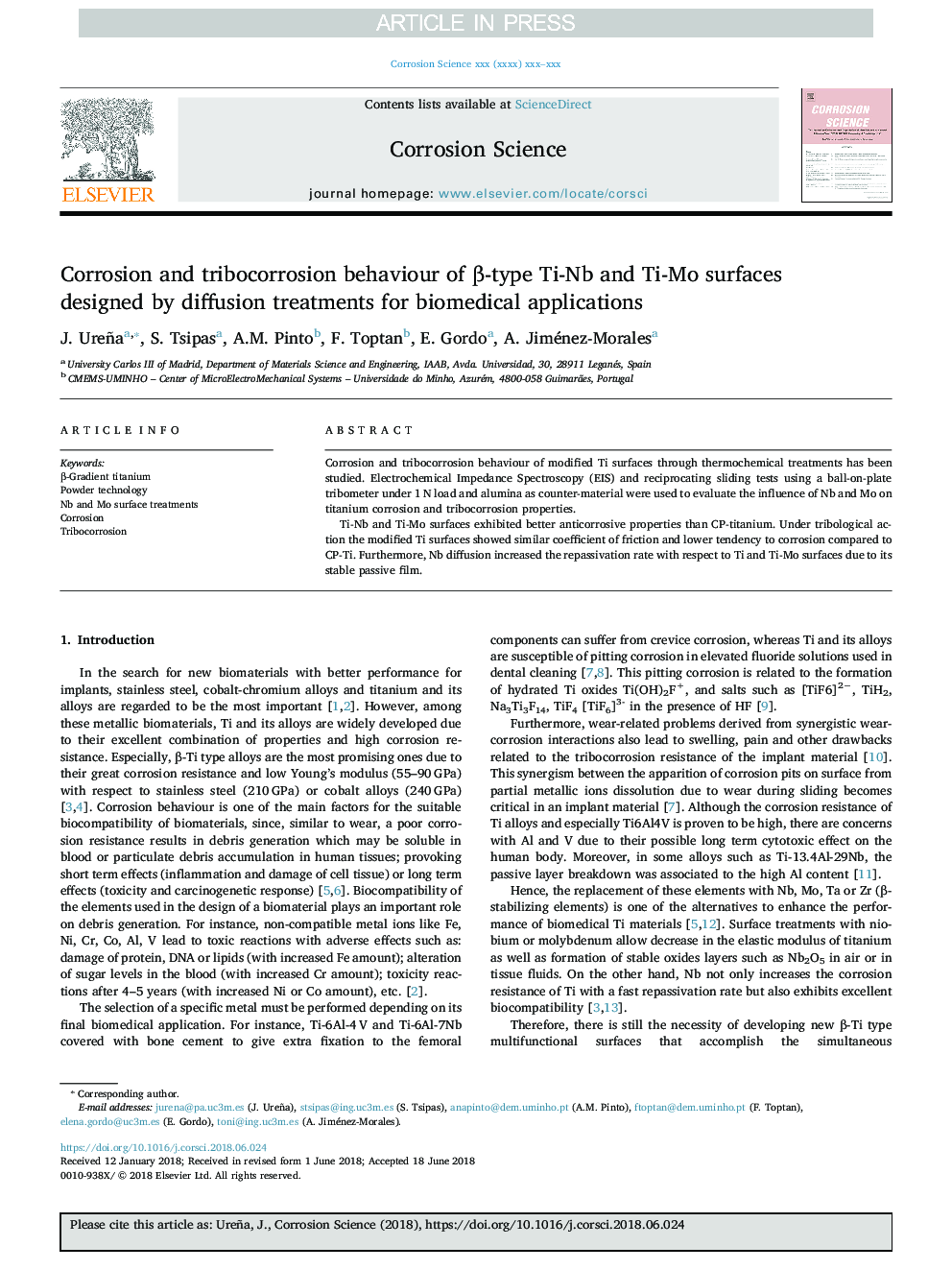 Corrosion and tribocorrosion behaviour of Î²-type Ti-Nb and Ti-Mo surfaces designed by diffusion treatments for biomedical applications