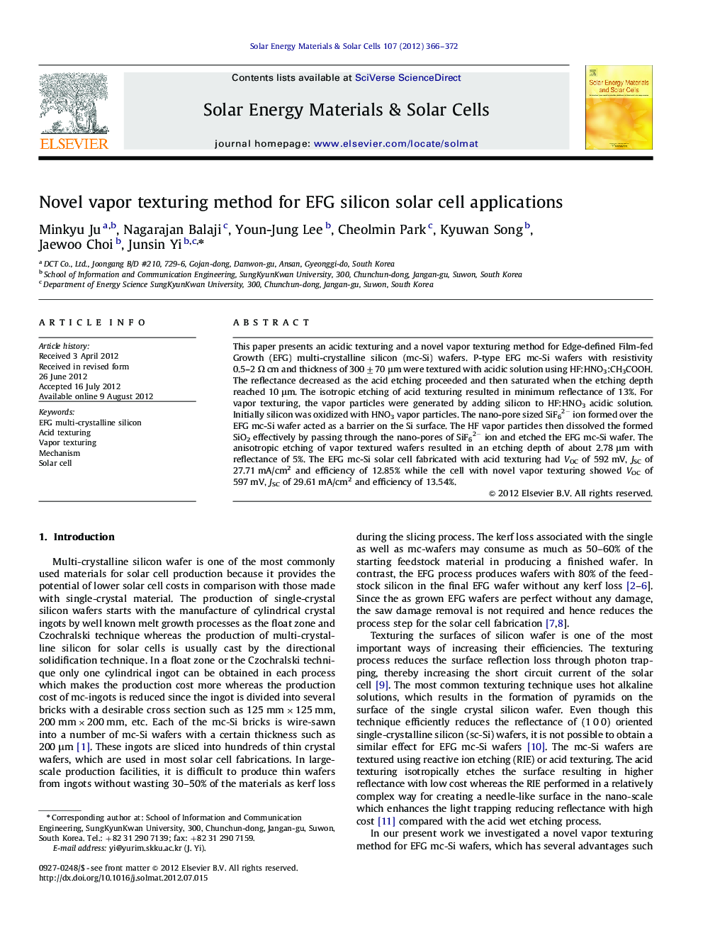 Novel vapor texturing method for EFG silicon solar cell applications