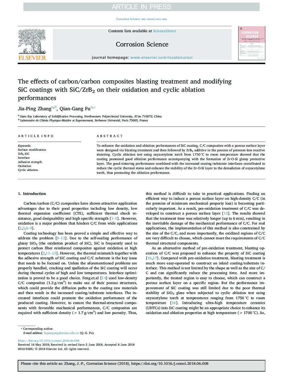 The effects of carbon/carbon composites blasting treatment and modifying SiC coatings with SiC/ZrB2 on their oxidation and cyclic ablation performances