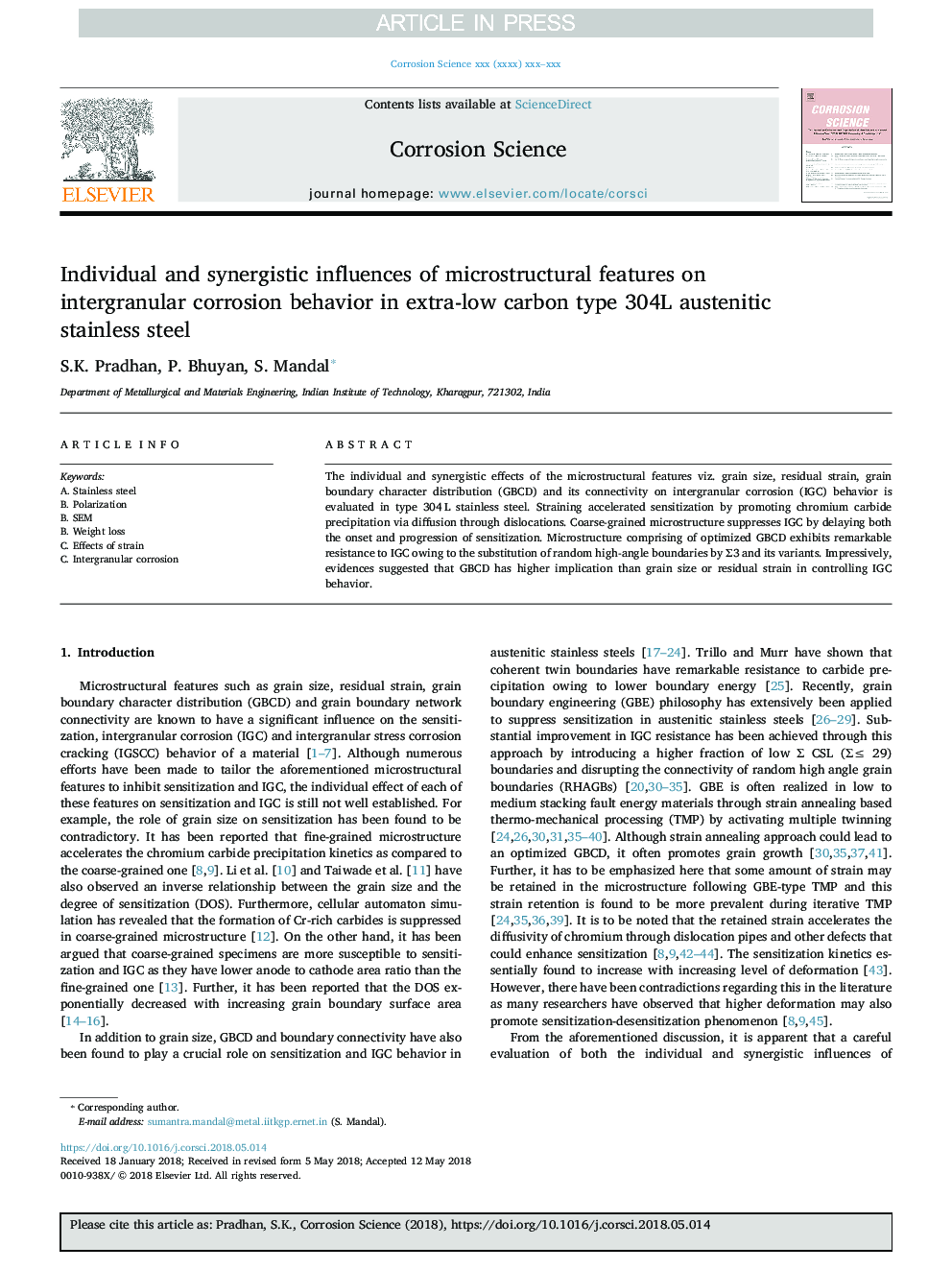 Individual and synergistic influences of microstructural features on intergranular corrosion behavior in extra-low carbon type 304L austenitic stainless steel