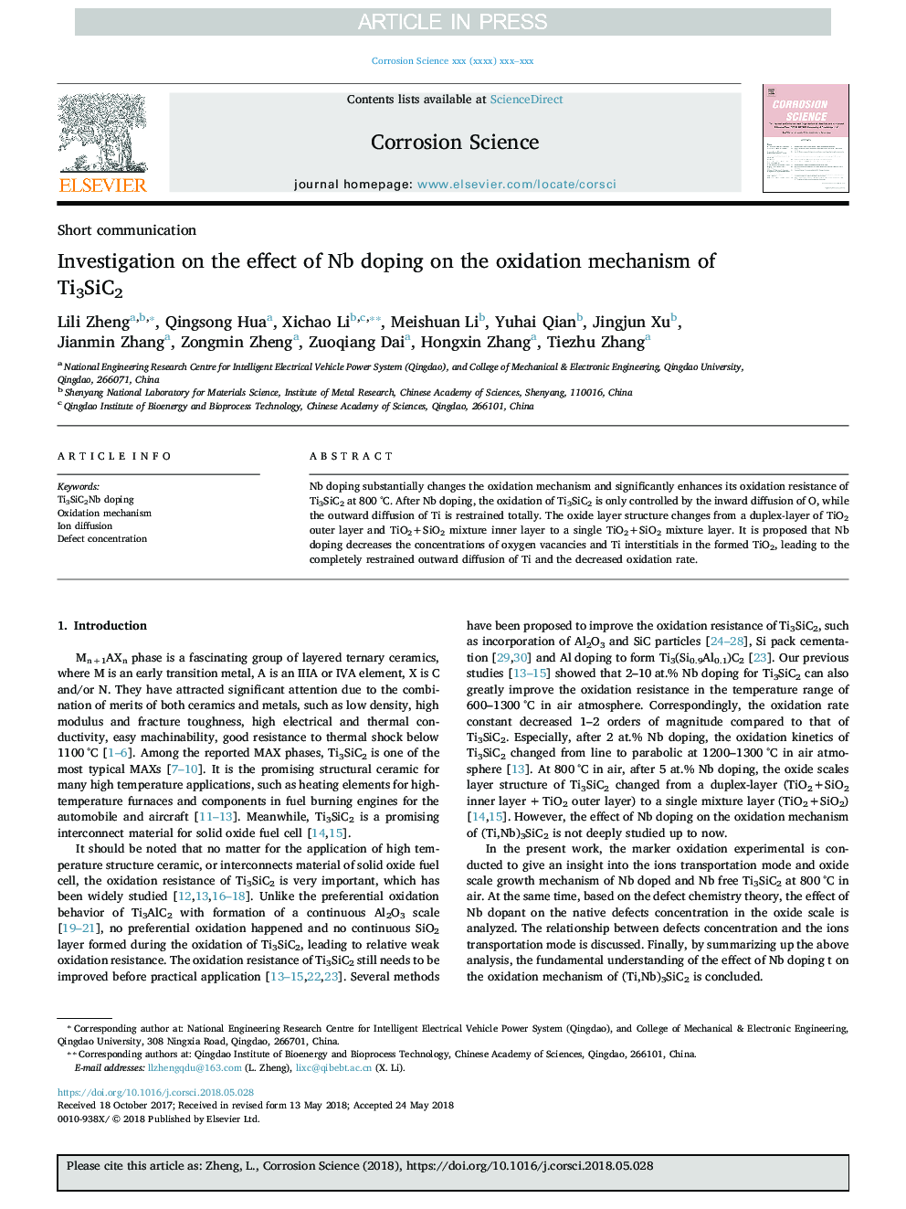 Investigation on the effect of Nb doping on the oxidation mechanism of Ti3SiC2
