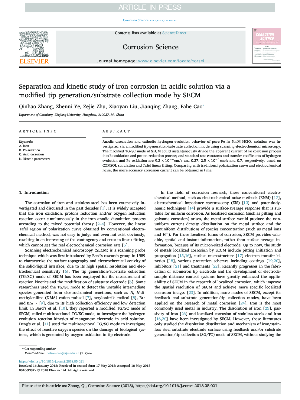 Separation and kinetic study of iron corrosion in acidic solution via a modified tip generation/substrate collection mode by SECM