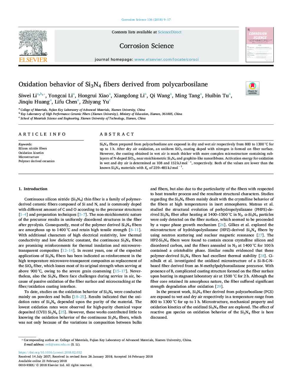 Oxidation behavior of Si3N4 fibers derived from polycarbosilane