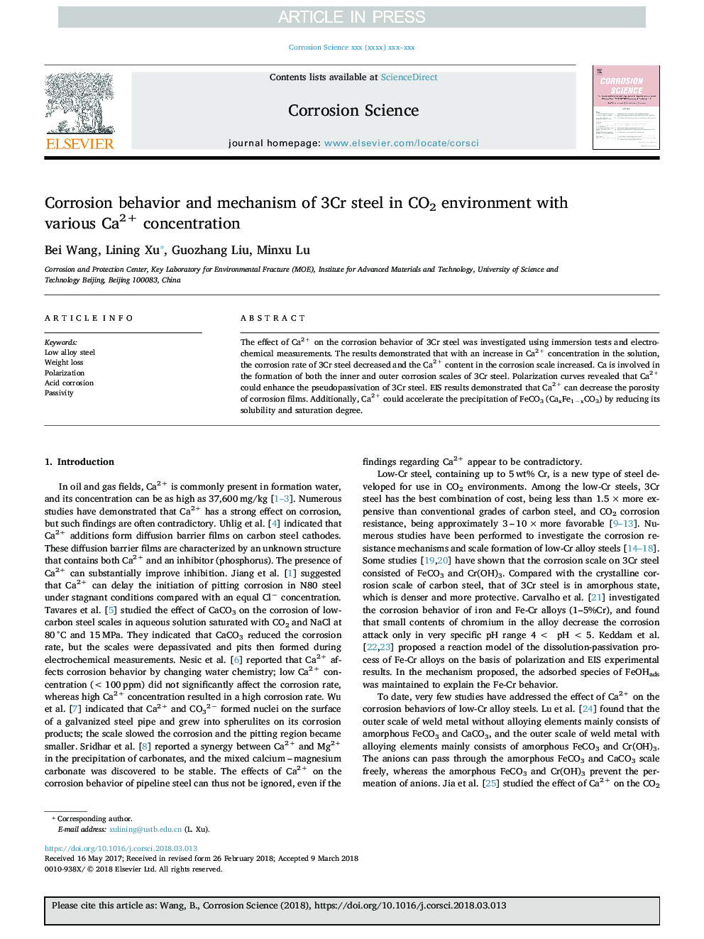 Corrosion behavior and mechanism of 3Cr steel in CO2 environment with various Ca2+ concentration