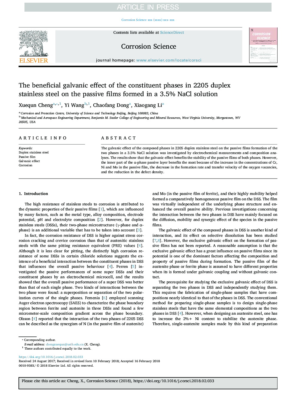 The beneficial galvanic effect of the constituent phases in 2205 duplex stainless steel on the passive films formed in a 3.5% NaCl solution