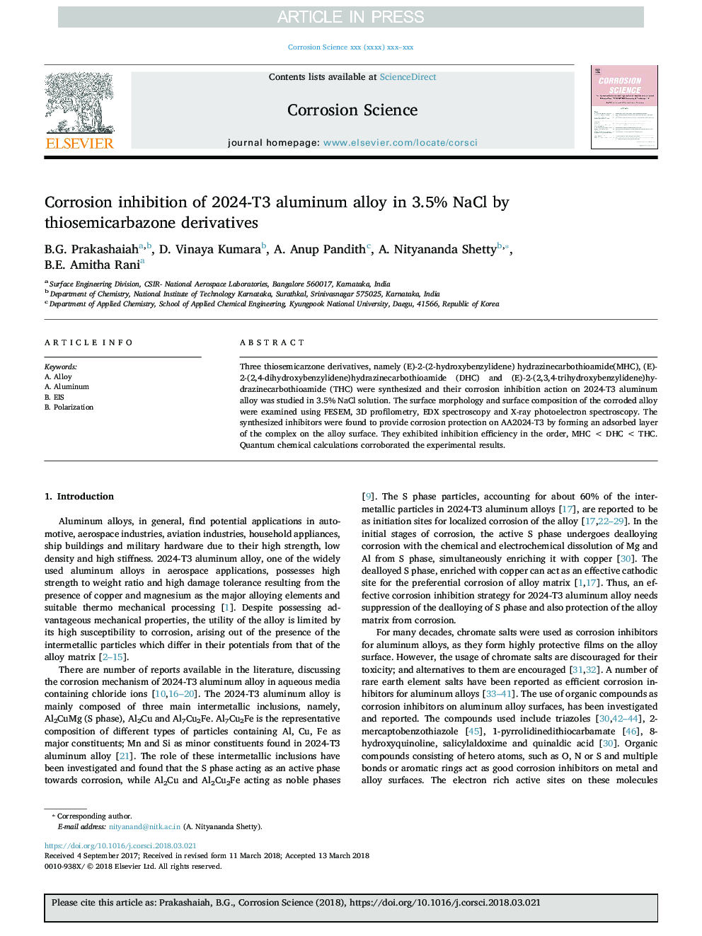 Corrosion inhibition of 2024-T3 aluminum alloy in 3.5% NaCl by thiosemicarbazone derivatives