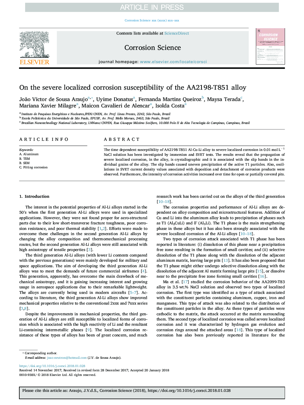 On the severe localized corrosion susceptibility of the AA2198-T851 alloy