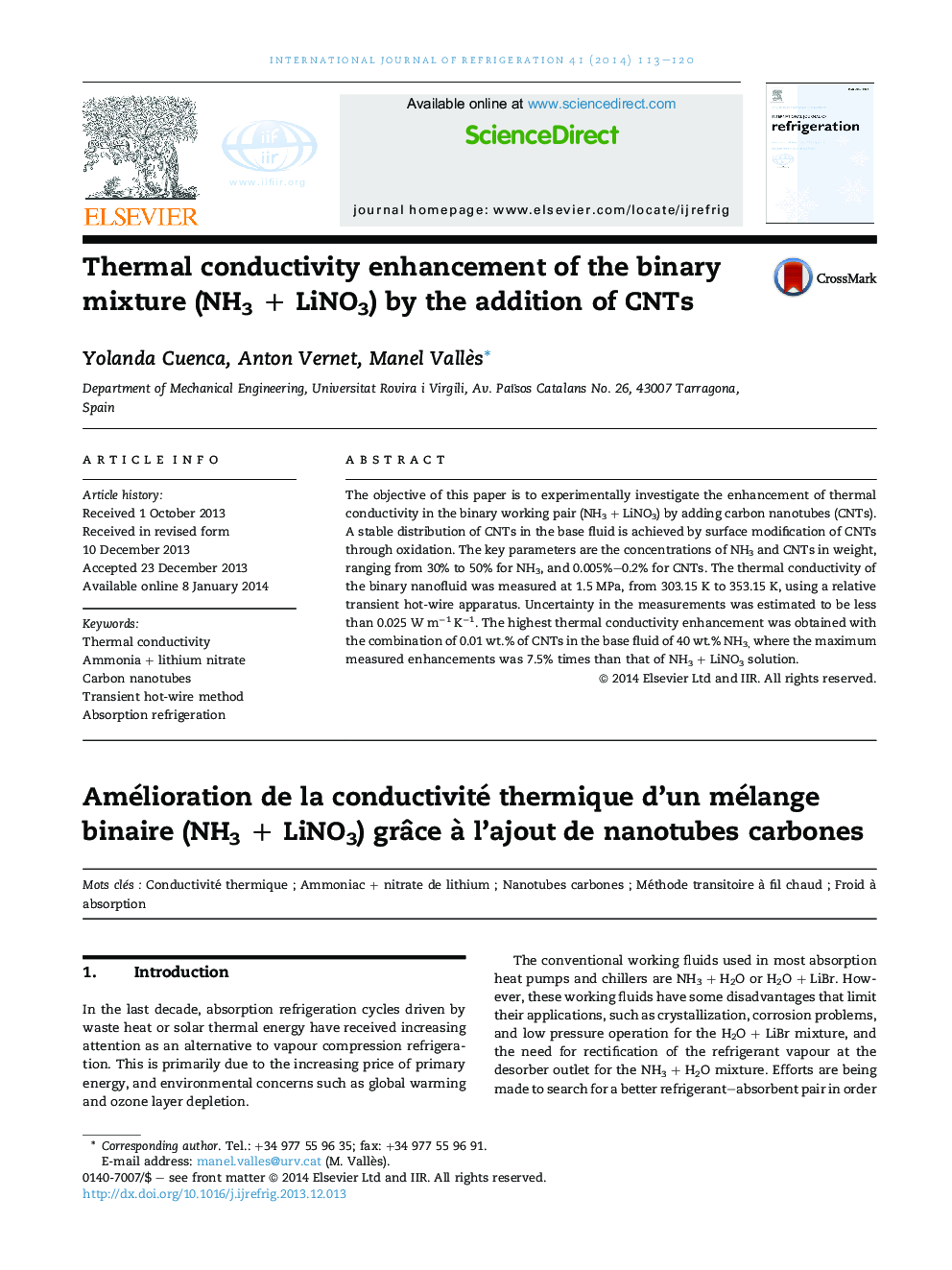 Thermal conductivity enhancement of the binary mixture (NH3 + LiNO3) by the addition of CNTs