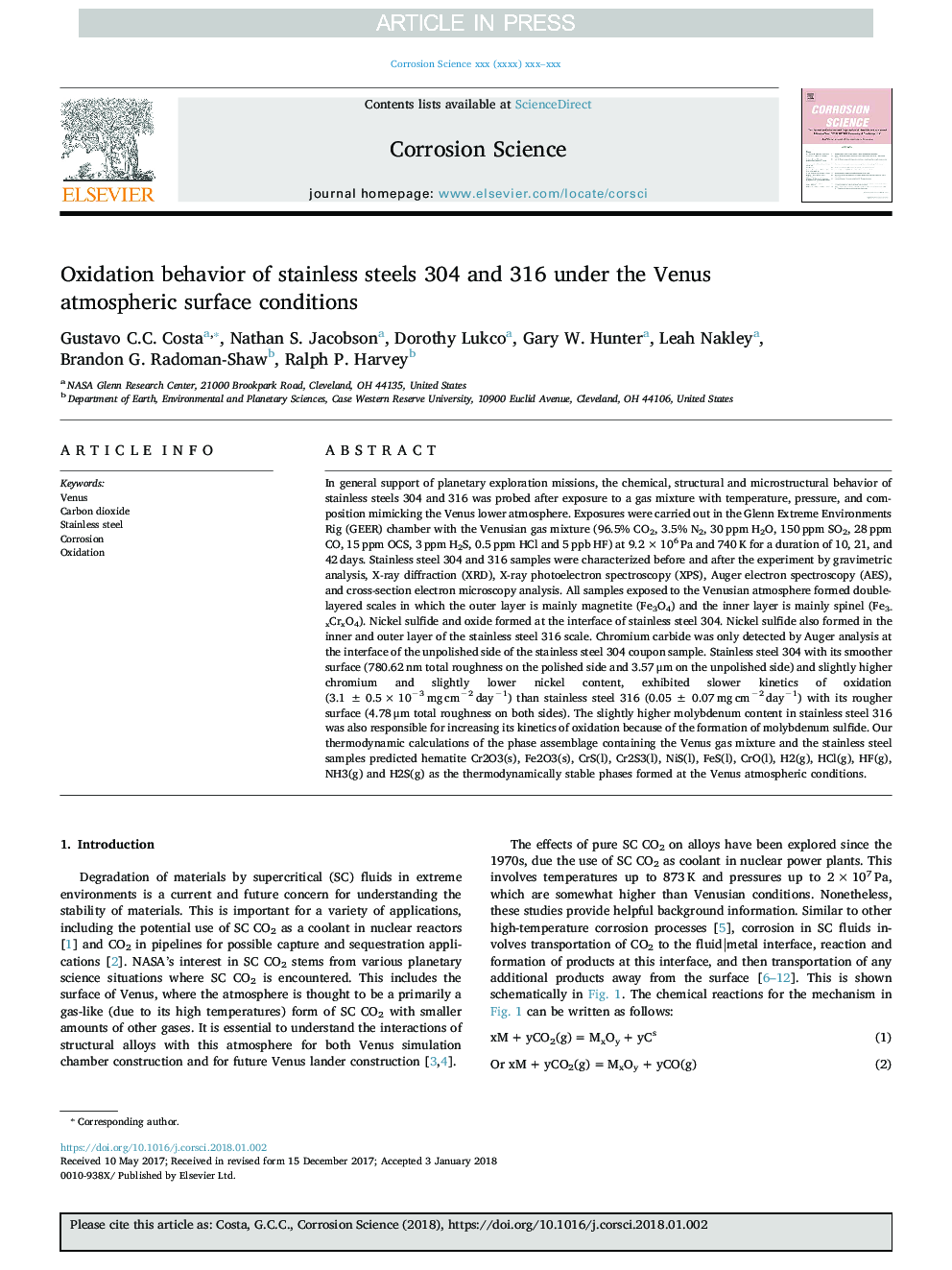 Oxidation behavior of stainless steels 304 and 316 under the Venus atmospheric surface conditions