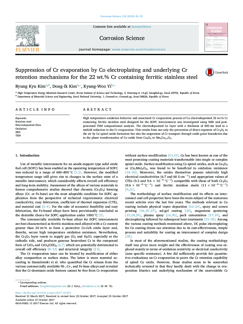 Suppression of Cr evaporation by Co electroplating and underlying Cr retention mechanisms for the 22Â wt.% Cr containing ferritic stainless steel