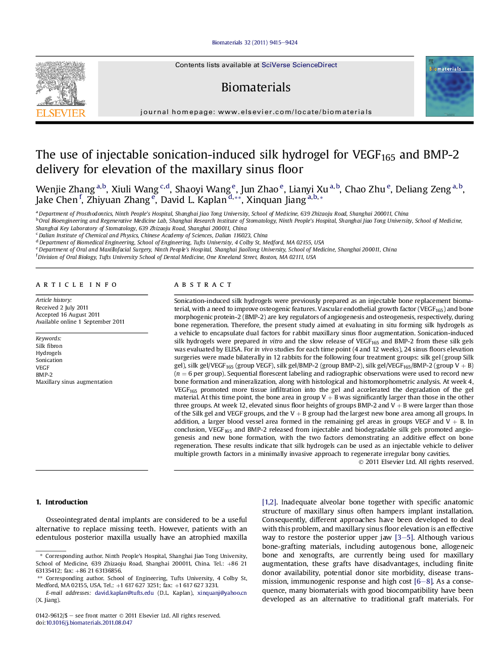 The use of injectable sonication-induced silk hydrogel for VEGF165 and BMP-2 delivery for elevation of the maxillary sinus floor