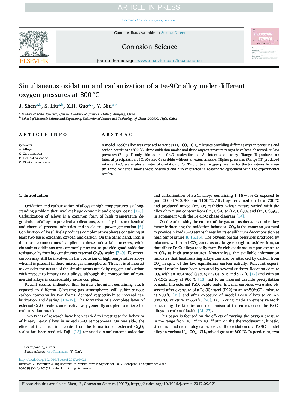 Simultaneous oxidation and carburization of a Fe-9Cr alloy under different oxygen pressures at 800Â Â°C