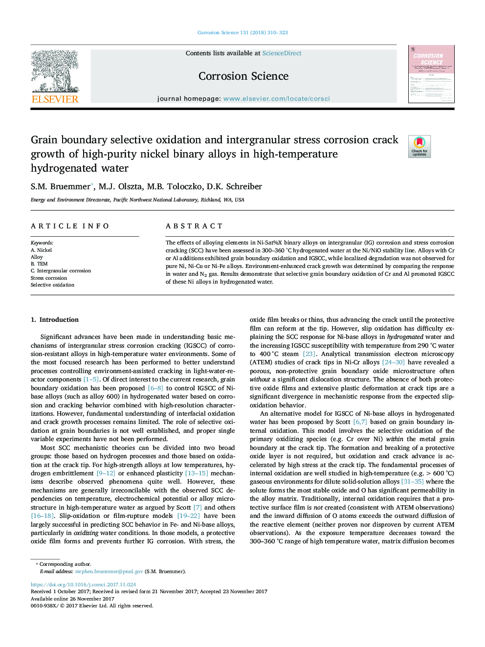 Grain boundary selective oxidation and intergranular stress corrosion crack growth of high-purity nickel binary alloys in high-temperature hydrogenated water