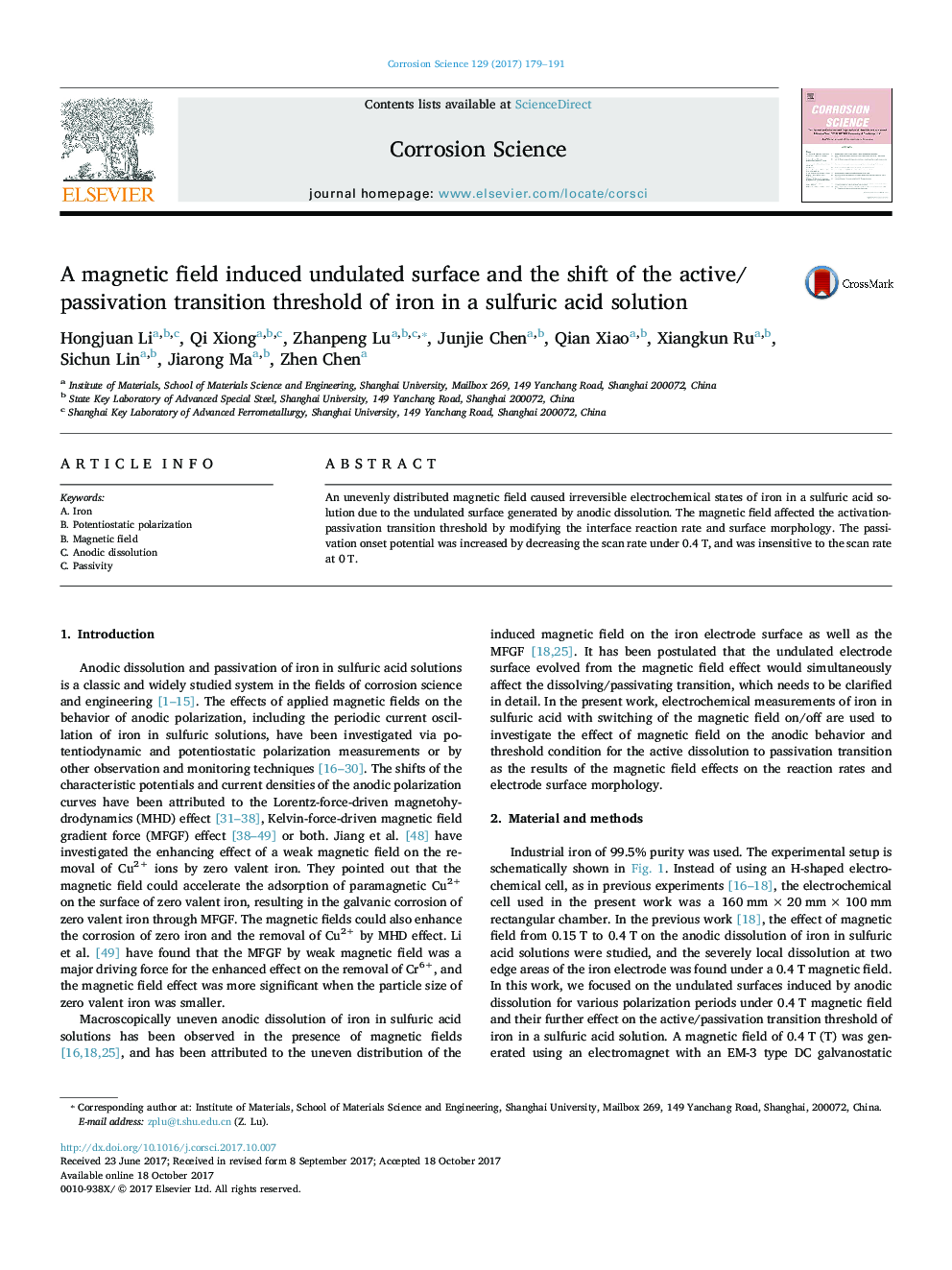 A magnetic field induced undulated surface and the shift of the active/passivation transition threshold of iron in a sulfuric acid solution