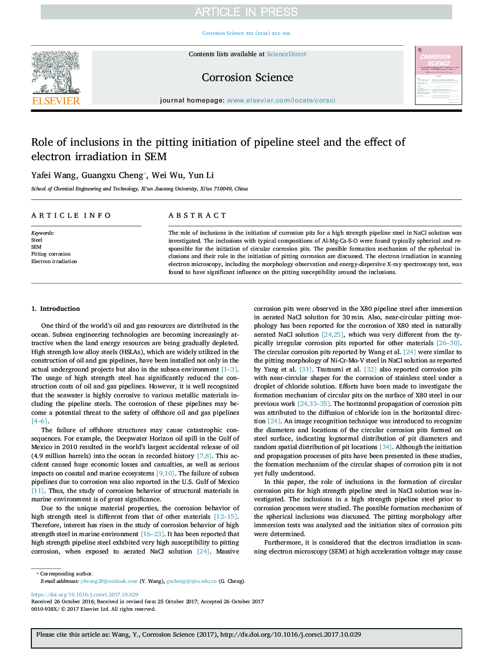 Role of inclusions in the pitting initiation of pipeline steel and the effect of electron irradiation in SEM