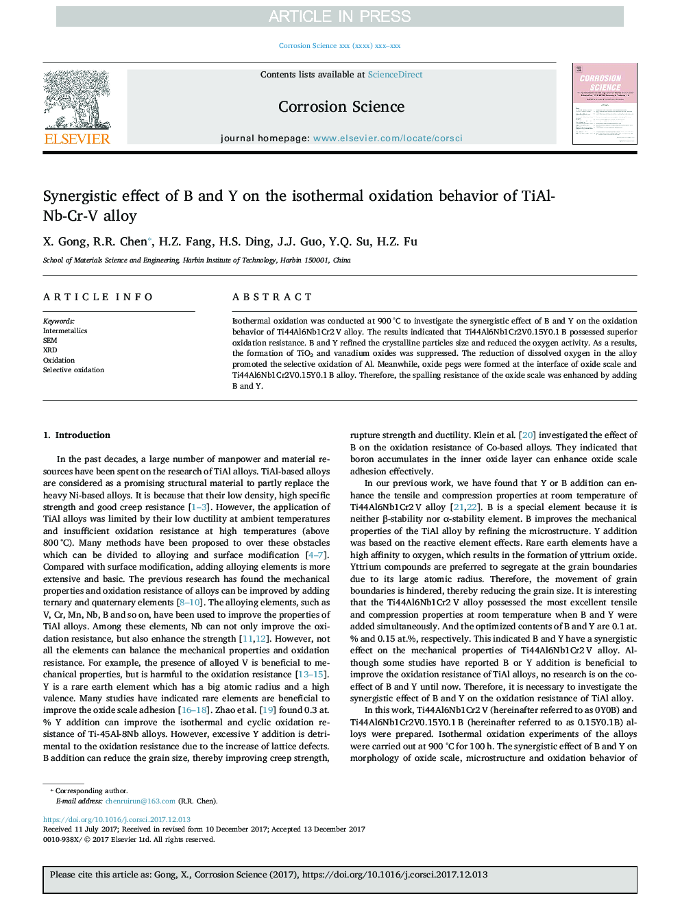 Synergistic effect of B and Y on the isothermal oxidation behavior of TiAl-Nb-Cr-V alloy