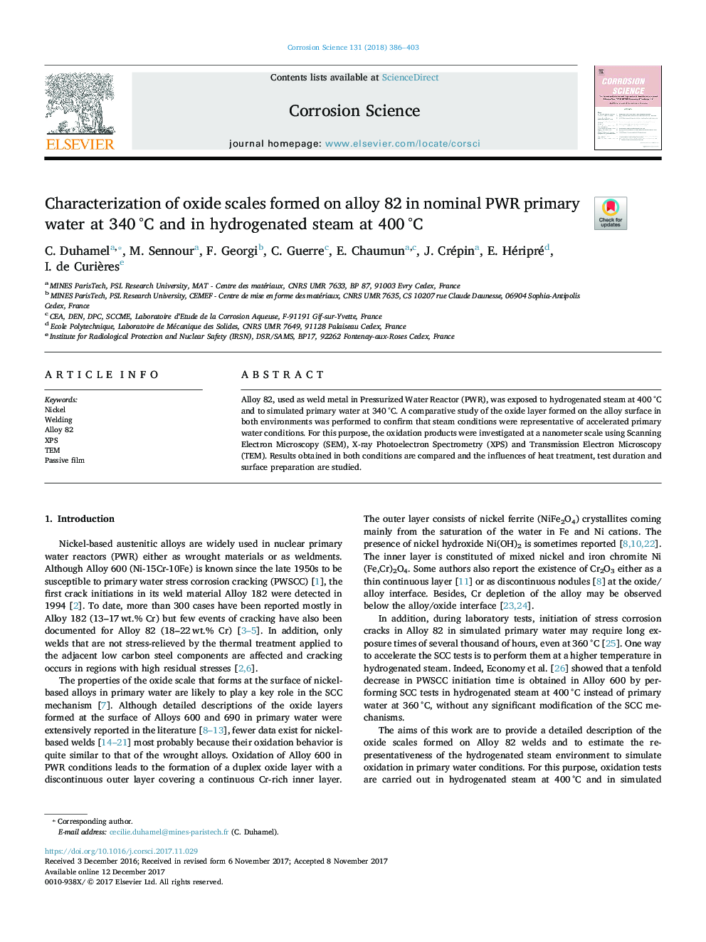 Characterization of oxide scales formed on alloy 82 in nominal PWR primary water at 340â¯Â°C and in hydrogenated steam at 400â¯Â°C