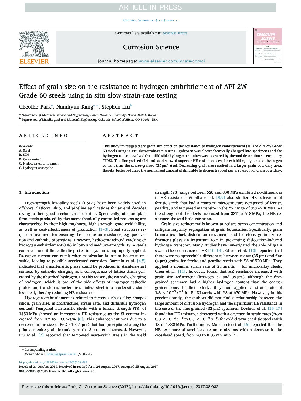 Effect of grain size on the resistance to hydrogen embrittlement of API 2W Grade 60 steels using in situ slow-strain-rate testing