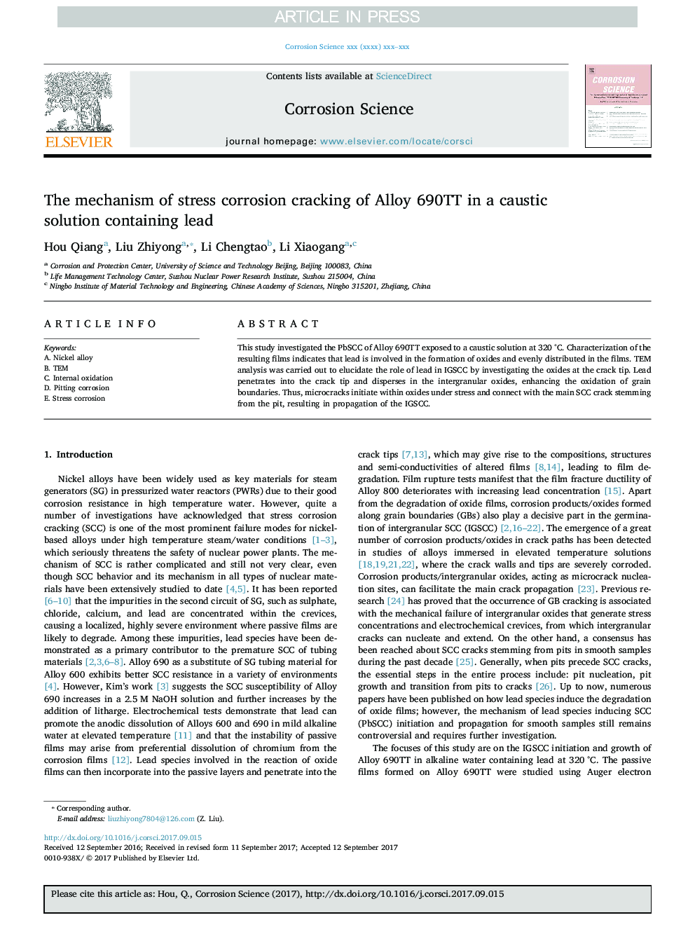 The mechanism of stress corrosion cracking of Alloy 690TT in a caustic solution containing lead