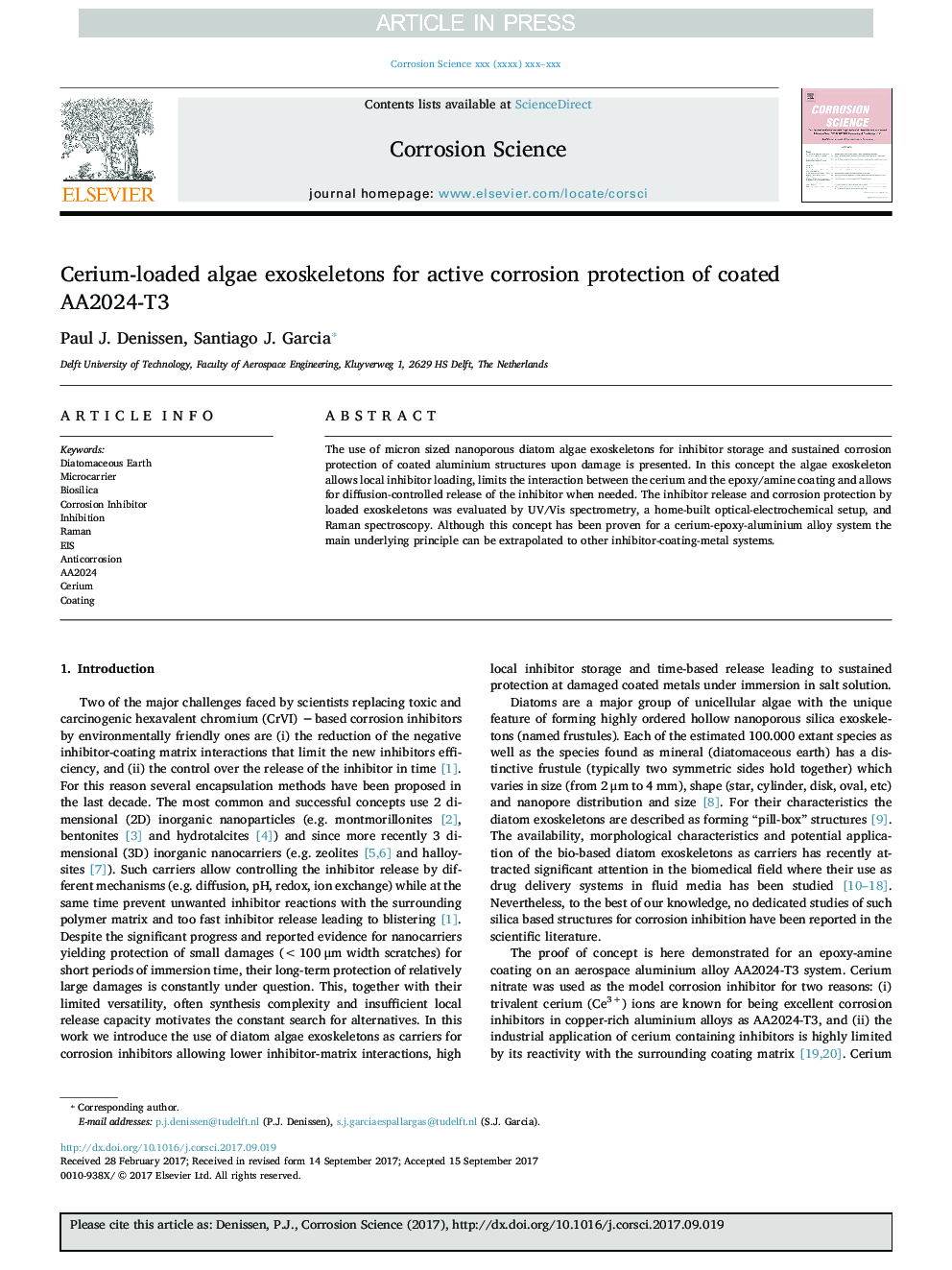 Cerium-loaded algae exoskeletons for active corrosion protection of coated AA2024-T3