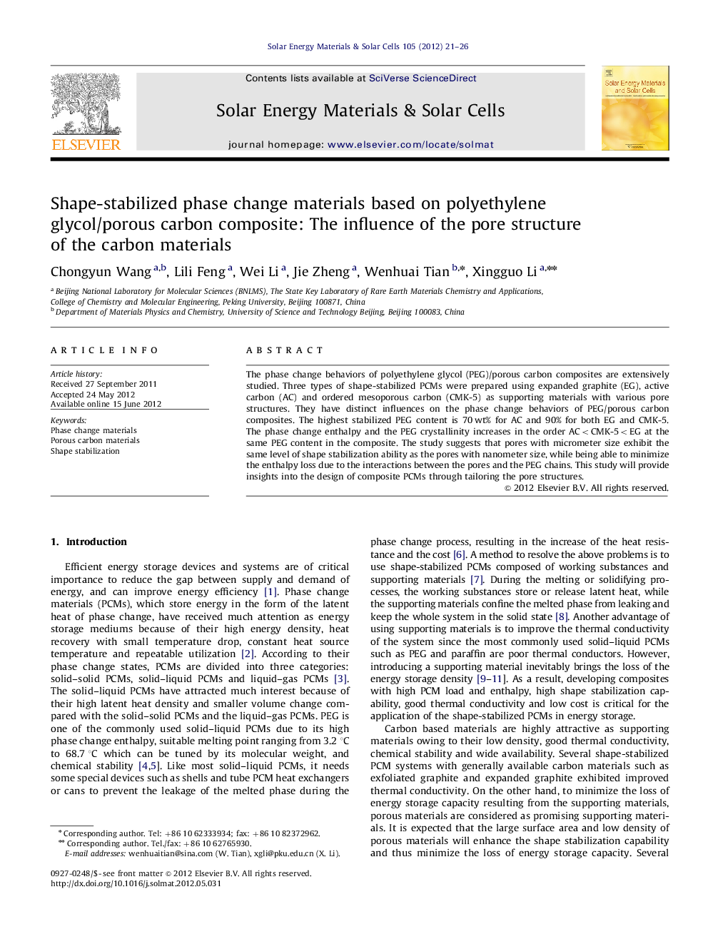 Shape-stabilized phase change materials based on polyethylene glycol/porous carbon composite: The influence of the pore structure of the carbon materials