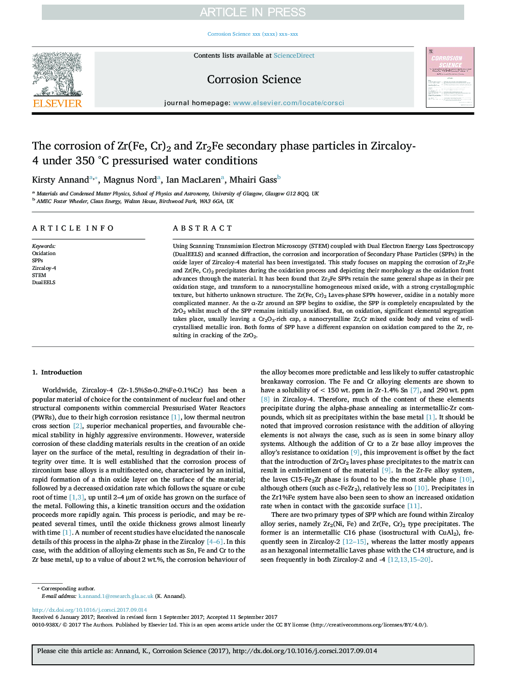 The corrosion of Zr(Fe, Cr)2 and Zr2Fe secondary phase particles in Zircaloy-4 under 350Â Â°C pressurised water conditions