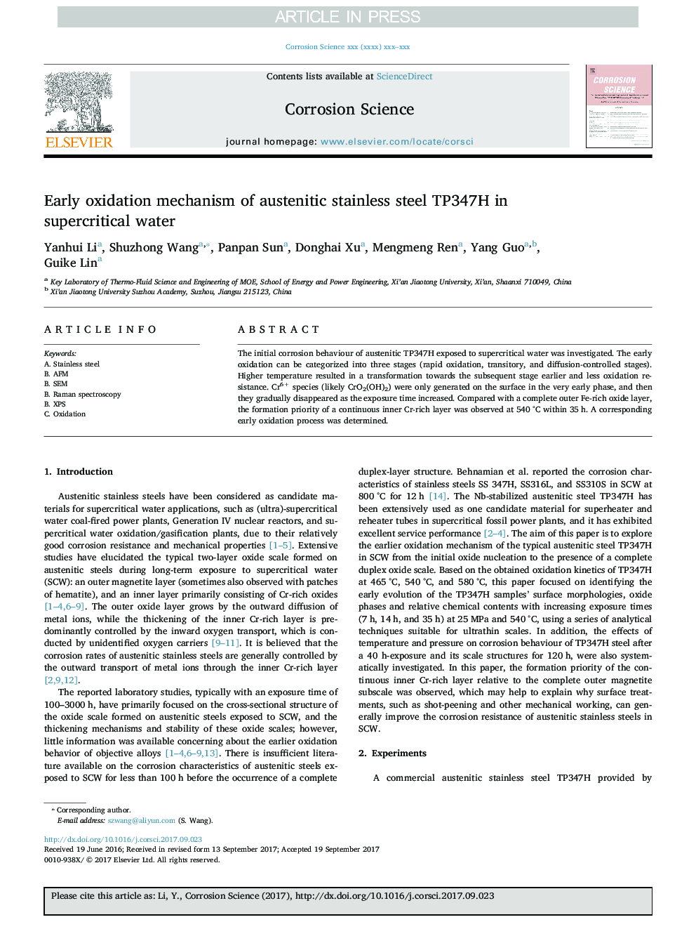 Early oxidation mechanism of austenitic stainless steel TP347H in supercritical water