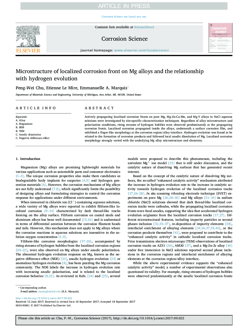 Microstructure of localized corrosion front on Mg alloys and the relationship with hydrogen evolution