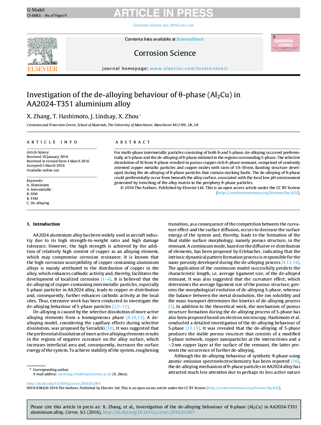 Investigation of the de-alloying behaviour of Î¸-phase (Al2Cu) in AA2024-T351 aluminium alloy