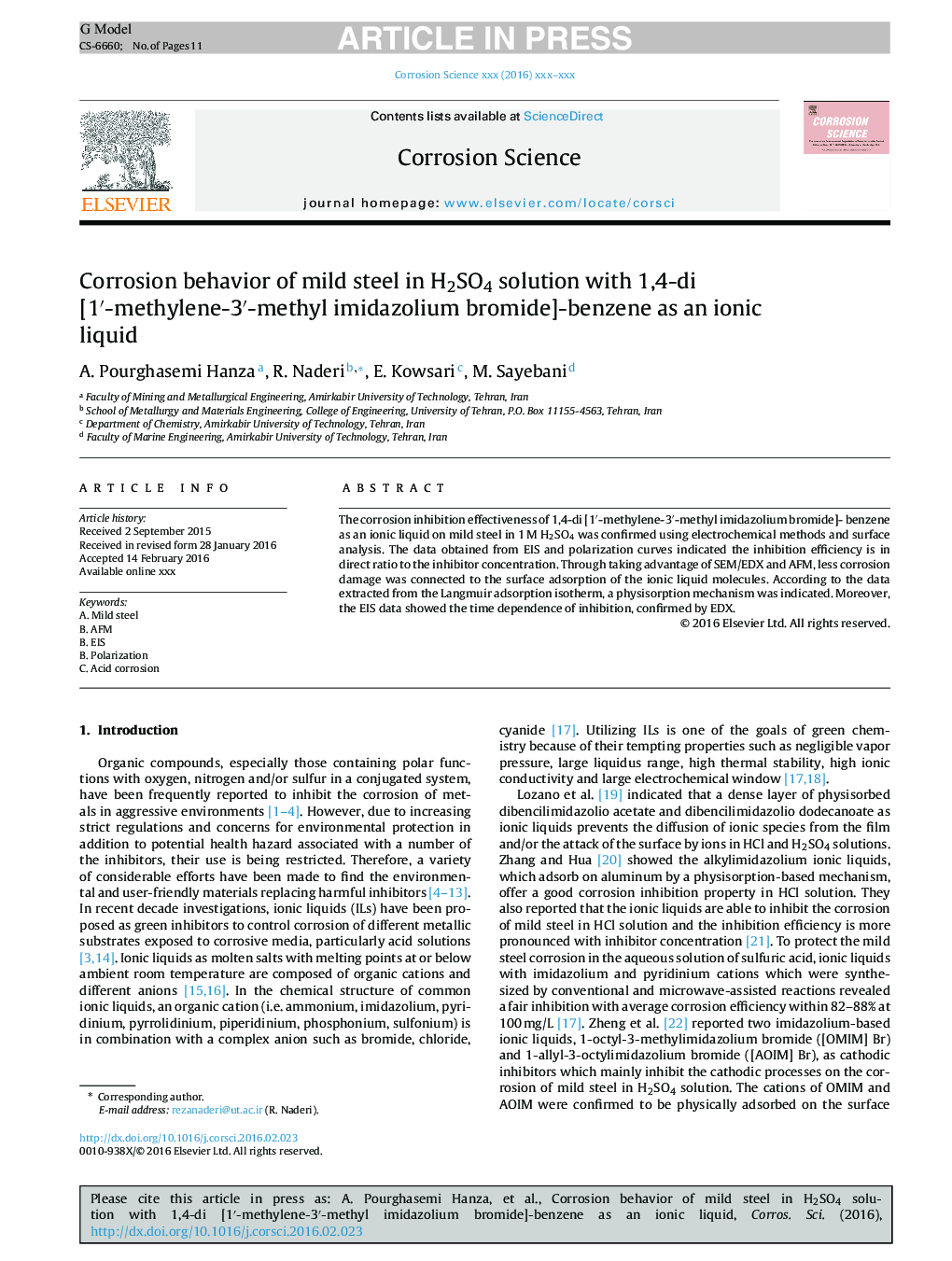 Corrosion behavior of mild steel in H2SO4 solution with 1,4-di [1â²-methylene-3â²-methyl imidazolium bromide]-benzene as an ionic liquid