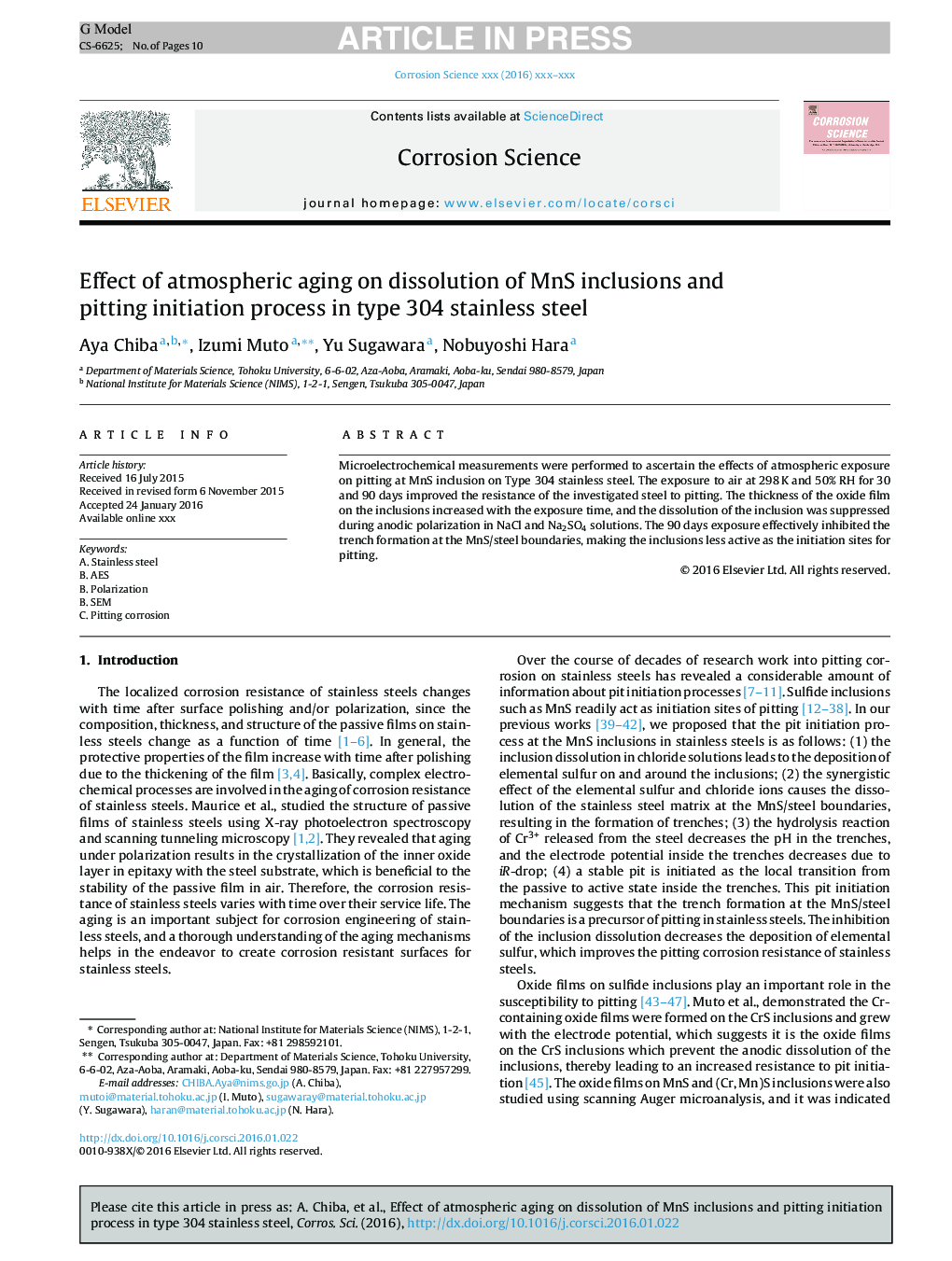 Effect of atmospheric aging on dissolution of MnS inclusions and pitting initiation process in type 304 stainless steel