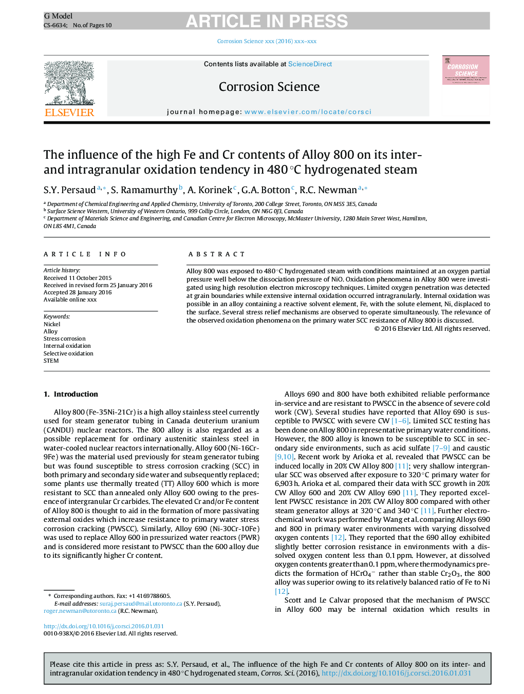 The influence of the high Fe and Cr contents of Alloy 800 on its inter- and intragranular oxidation tendency in 480Â Â°C hydrogenated steam